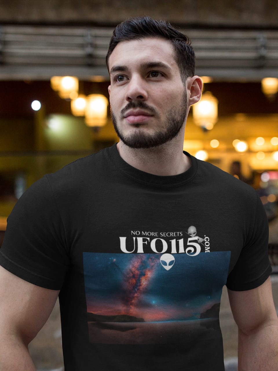 Model wearing the Sky Watcher Ring of Fire night-sky tee