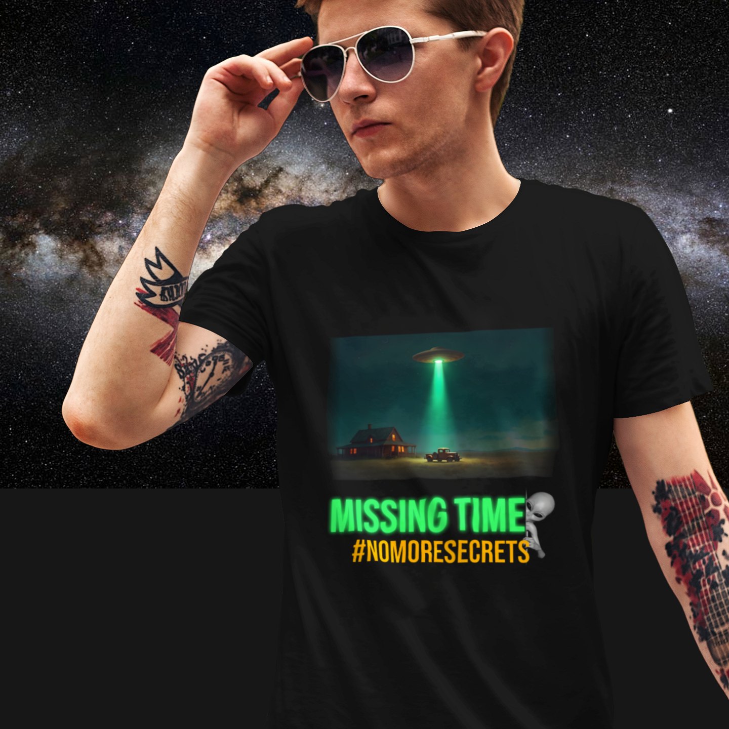 Missing Time T-shirt in Black, front print, worn by a model (Milky Way night). AI-edited photo: the real print artwork was digitally placed on a model photo.