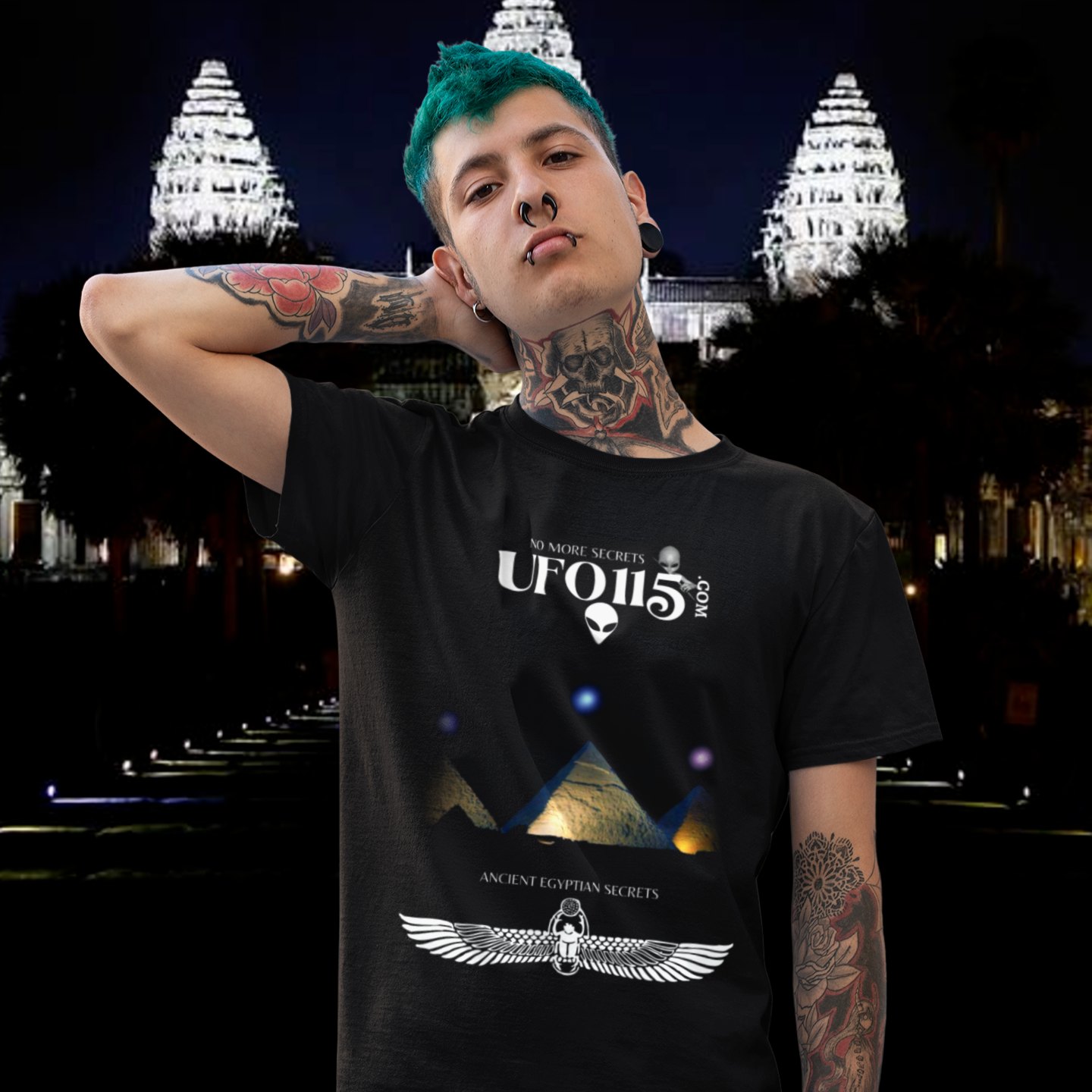Orion's Belt Pyramids T-shirt in Black, front print, worn by a model (temple at night). AI-edited photo: the real print artwork was digitally placed on a model photo.